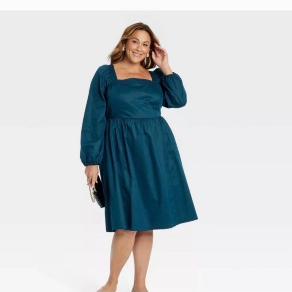 Ava & Viv Teal Blue Square Neck Tie Back‎ Knee Length Dress Puff Sleeves Plus